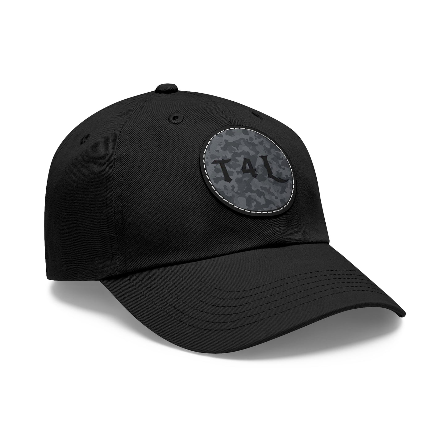 Black Camo Dad Hat with Leather Patch (Round)